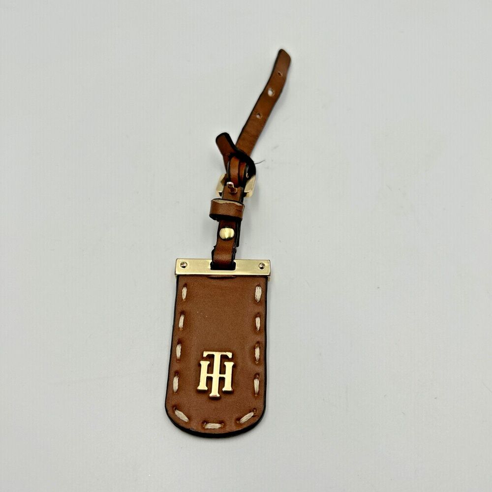 Tommy Hilfiger Leather Luggage Tag TH Logo Gold Hardware Brown Bag Purse Charm